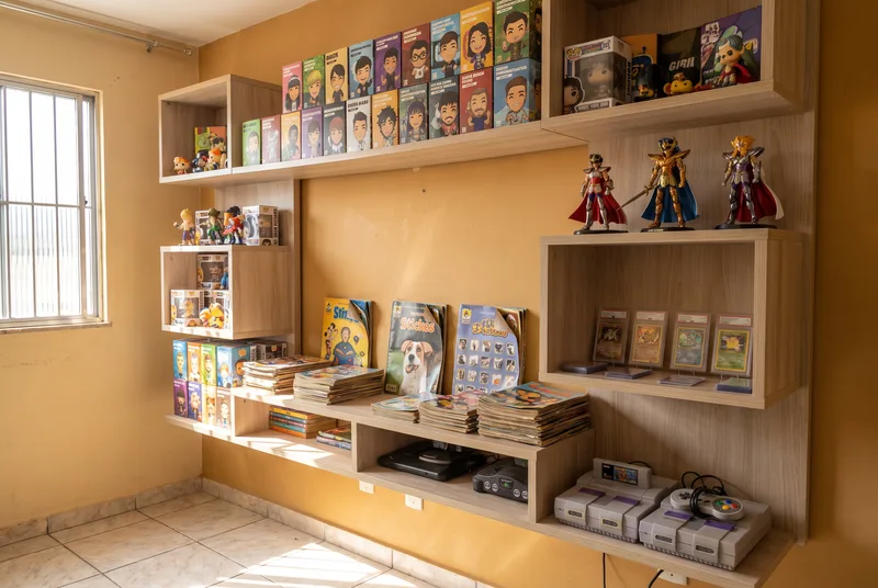 Estante brasileira de nichos cheia de figures, mangás, álbuns e consoles retrô