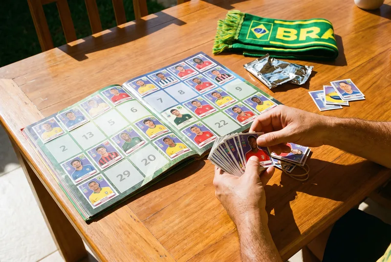 Álbum de figurinhas de futebol aberto sobre a mesa com pilha de repetidas ao lado
