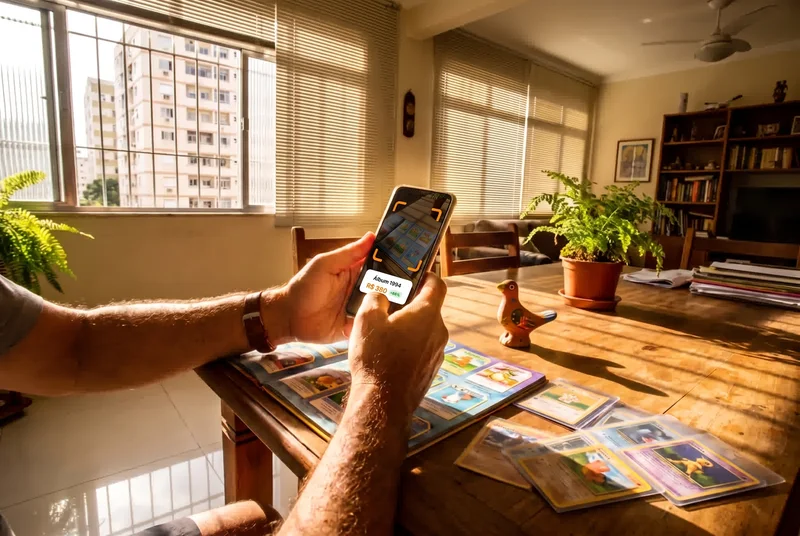 Colecionador fotografando um álbum de figurinhas com o celular em um apartamento brasileiro
