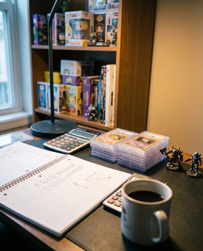 A collector’s desk with a valuation notebook, calculator and graded slabs
