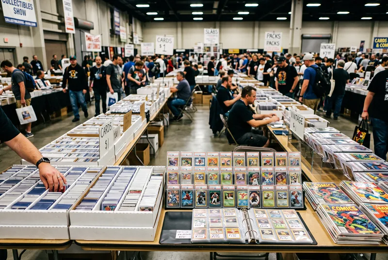 Card show tables covered with boxes of cards and binders