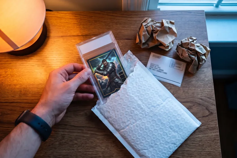 A bubble mailer torn open with a graded slab lifted to the light